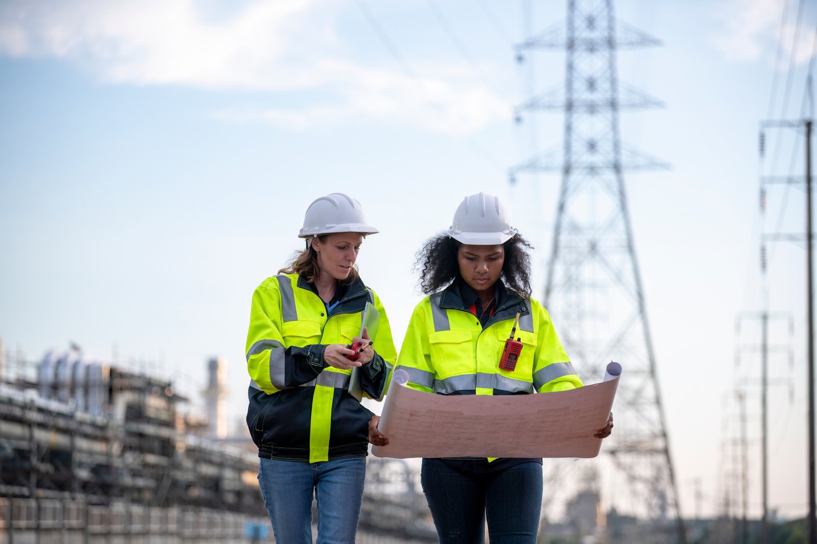 Engineers wearing safety gear, including hard hats examining survey a large blueprint tablet standin